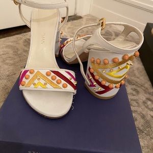 Stuart Weitzman White Sandals with Pink, Gold and Coral Studs